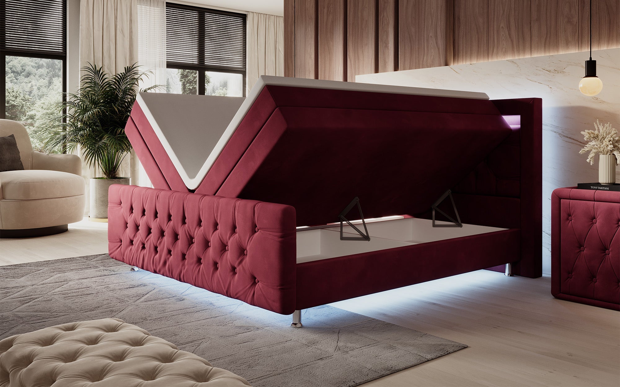 Luxuriöses Boxspringbett Lorena: LED Beleuchtung, Stauraum, Samtbezug für erholsamen Schlaf