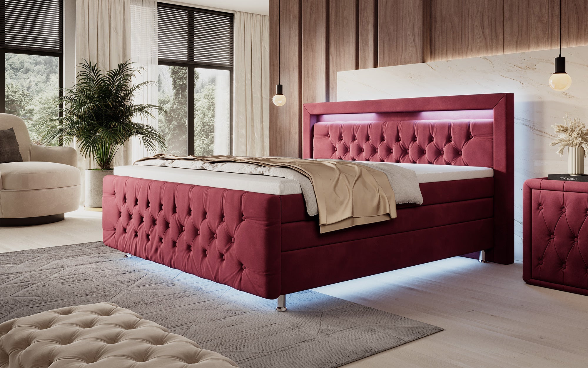 Luxuriöses Boxspringbett Lorena: LED Beleuchtung, Stauraum, Samtbezug für erholsamen Schlaf