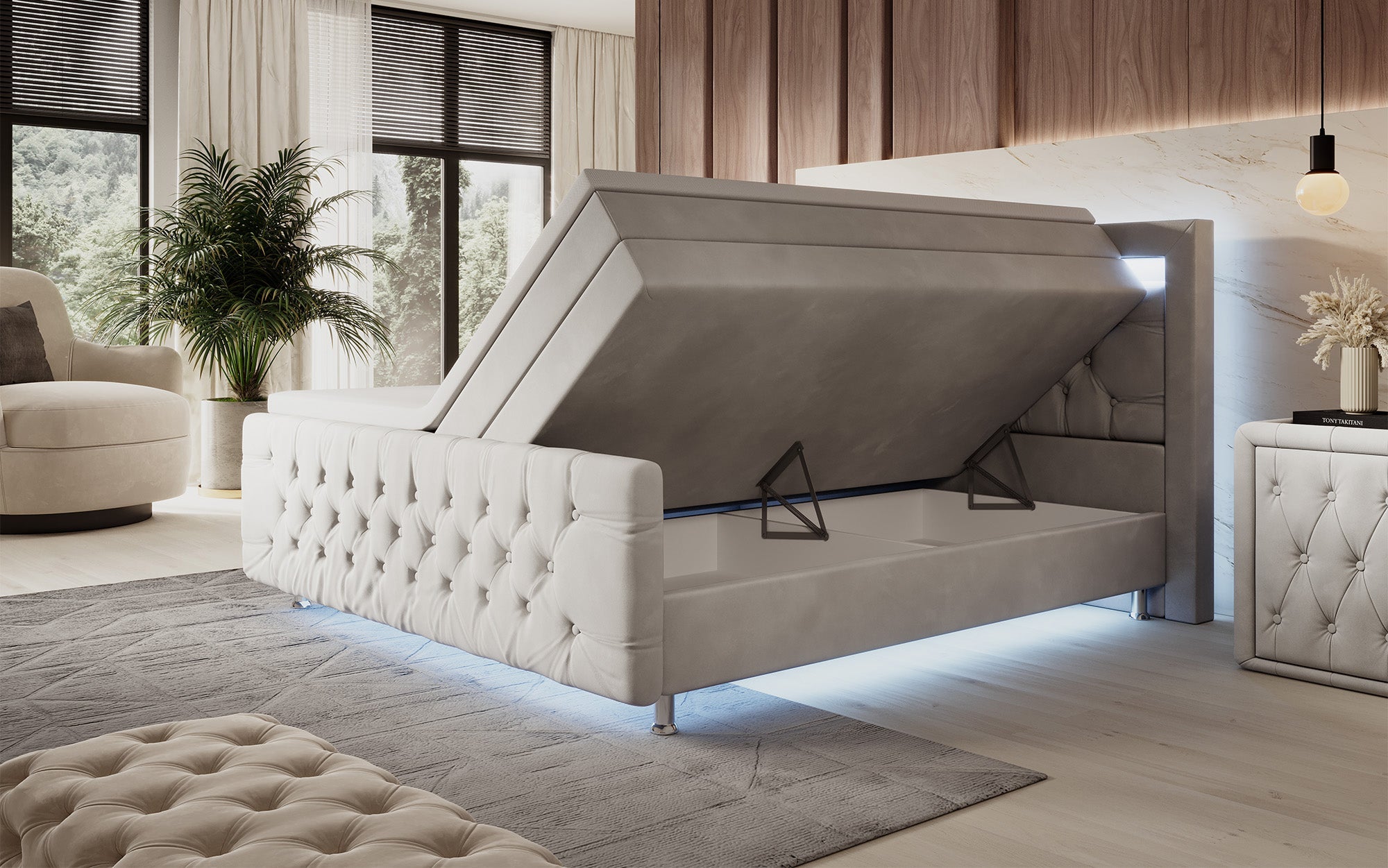 Luxuriöses Boxspringbett Lorena: LED Beleuchtung, Stauraum, Samtbezug für erholsamen Schlaf