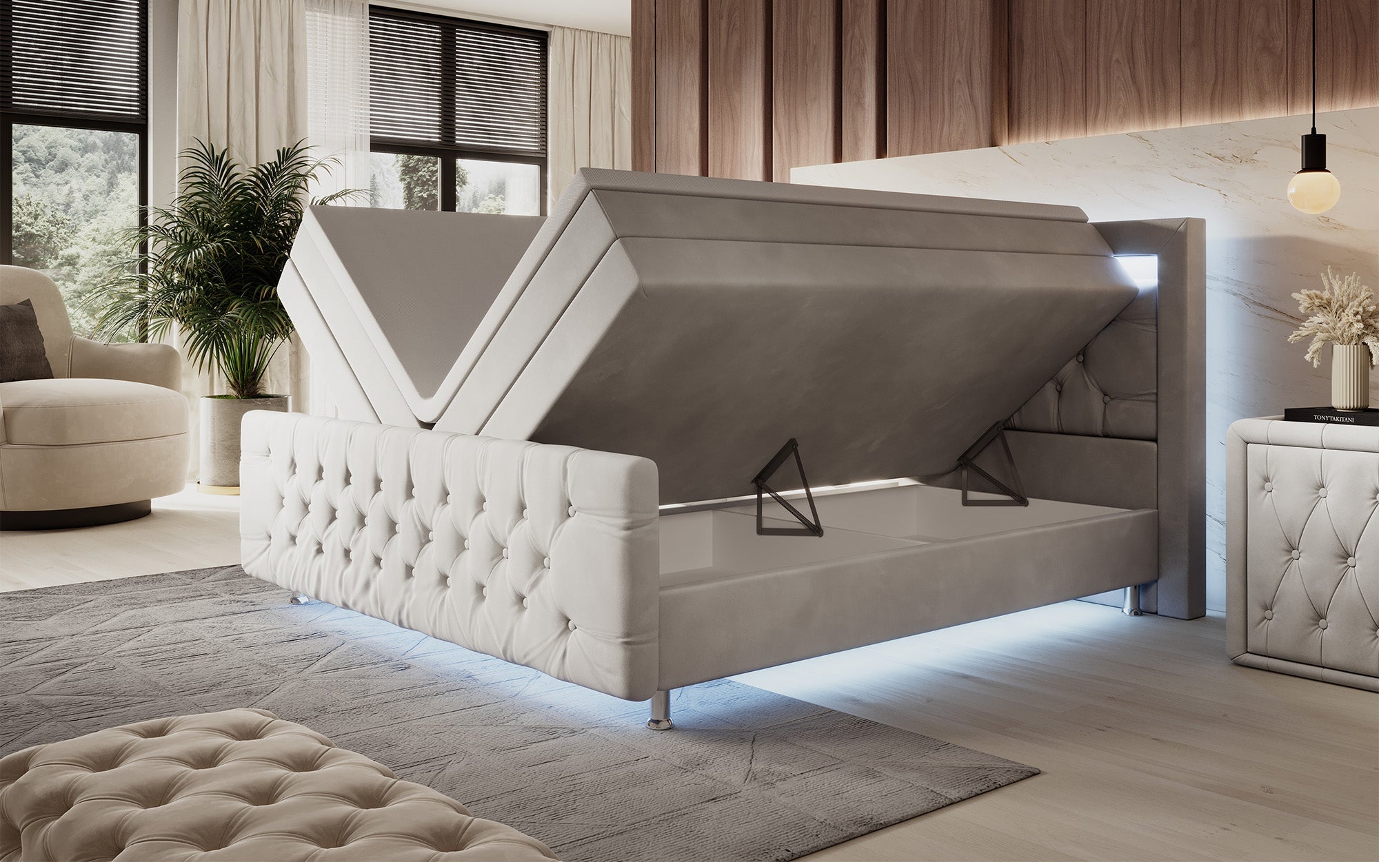 Luxuriöses Boxspringbett Lorena: LED Beleuchtung, Stauraum, Samtbezug für erholsamen Schlaf