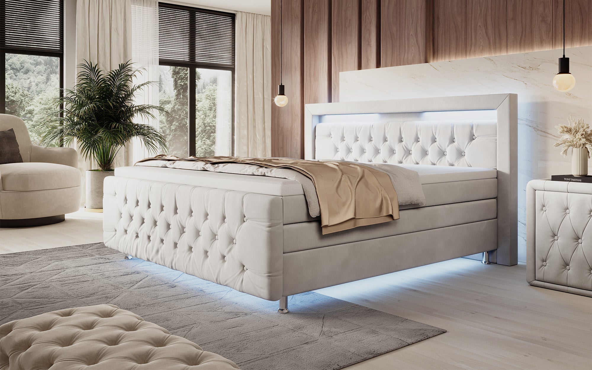 Luxuriöses Boxspringbett Lorena: LED Beleuchtung, Stauraum, Samtbezug für erholsamen Schlaf