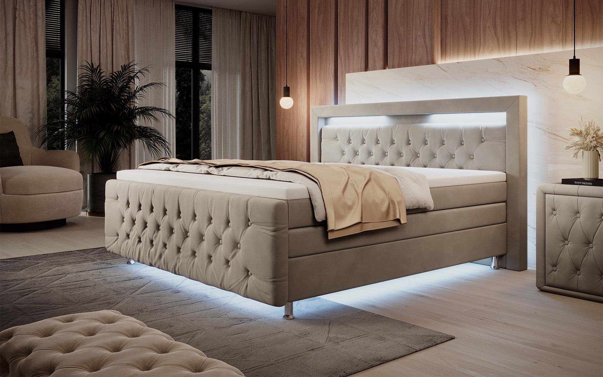 Luxuriöses Boxspringbett Lorena: LED Beleuchtung, Stauraum, Samtbezug für erholsamen Schlaf