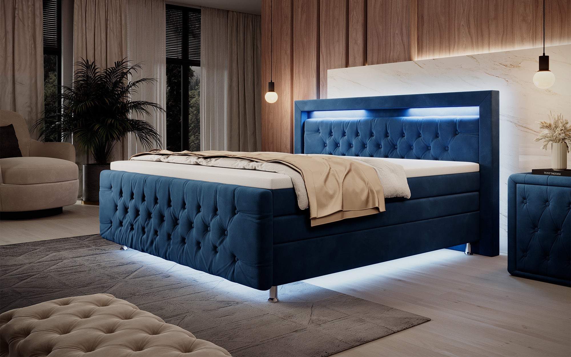 Luxuriöses Boxspringbett Lorena: LED Beleuchtung, Stauraum, Samtbezug für erholsamen Schlaf