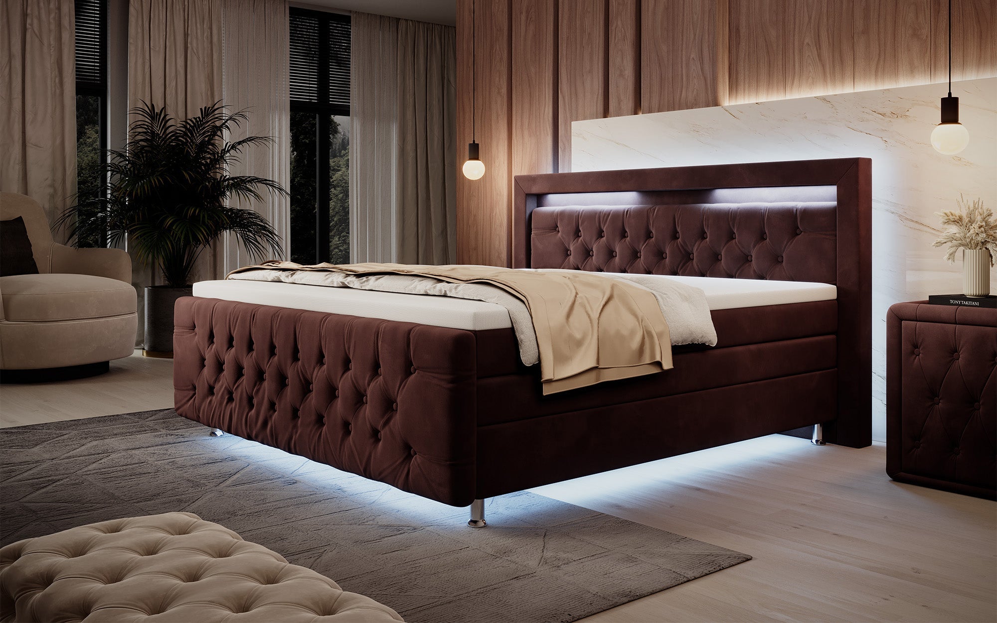 Luxuriöses Boxspringbett Lorena: LED Beleuchtung, Stauraum, Samtbezug für erholsamen Schlaf
