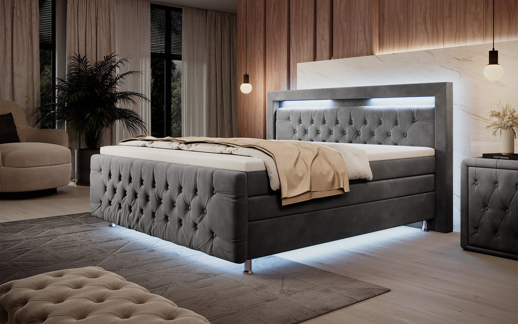 Luxuriöses Boxspringbett Lorena: LED Beleuchtung, Stauraum, Samtbezug für erholsamen Schlaf