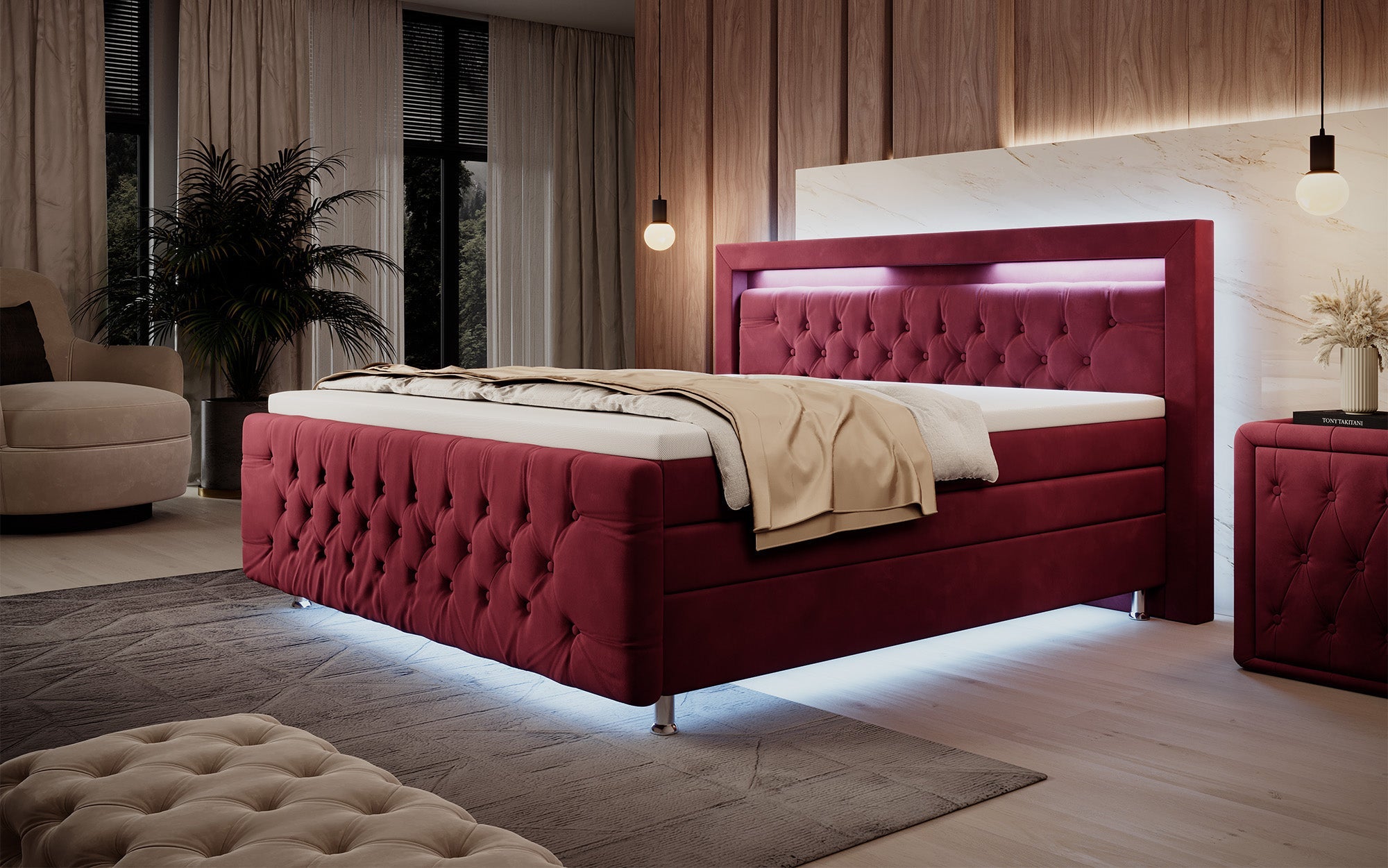 Luxuriöses Boxspringbett Lorena: LED Beleuchtung, Stauraum, Samtbezug für erholsamen Schlaf