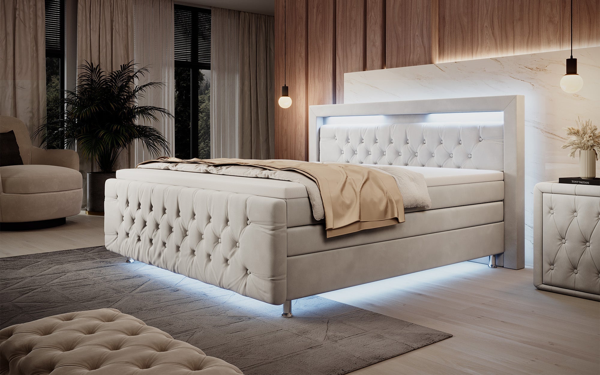 Luxuriöses Boxspringbett Lorena: LED Beleuchtung, Stauraum, Samtbezug für erholsamen Schlaf