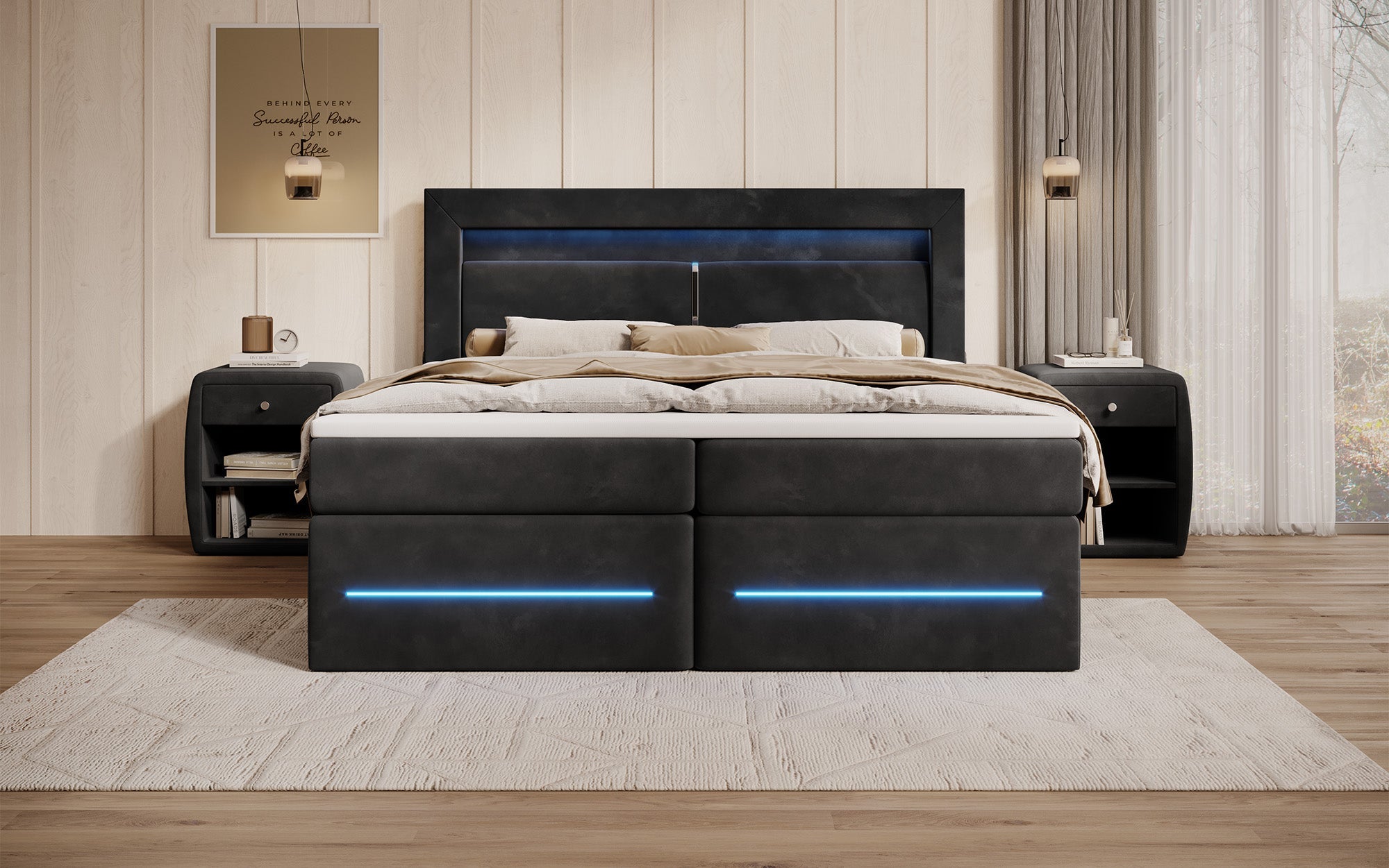 Minera Boxspringbett mit LED, USB, Stauraum – Luxuriöser Schlafkomfort