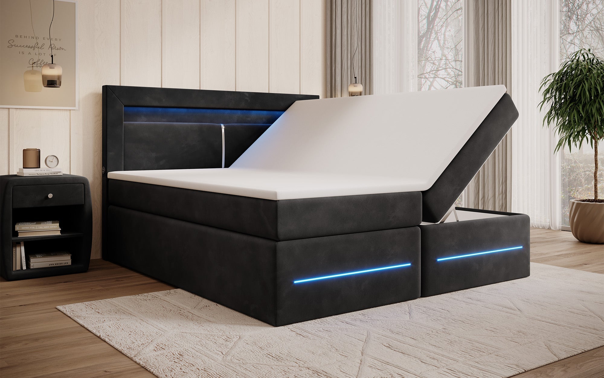 Minera Boxspringbett mit LED, USB, Stauraum – Luxuriöser Schlafkomfort