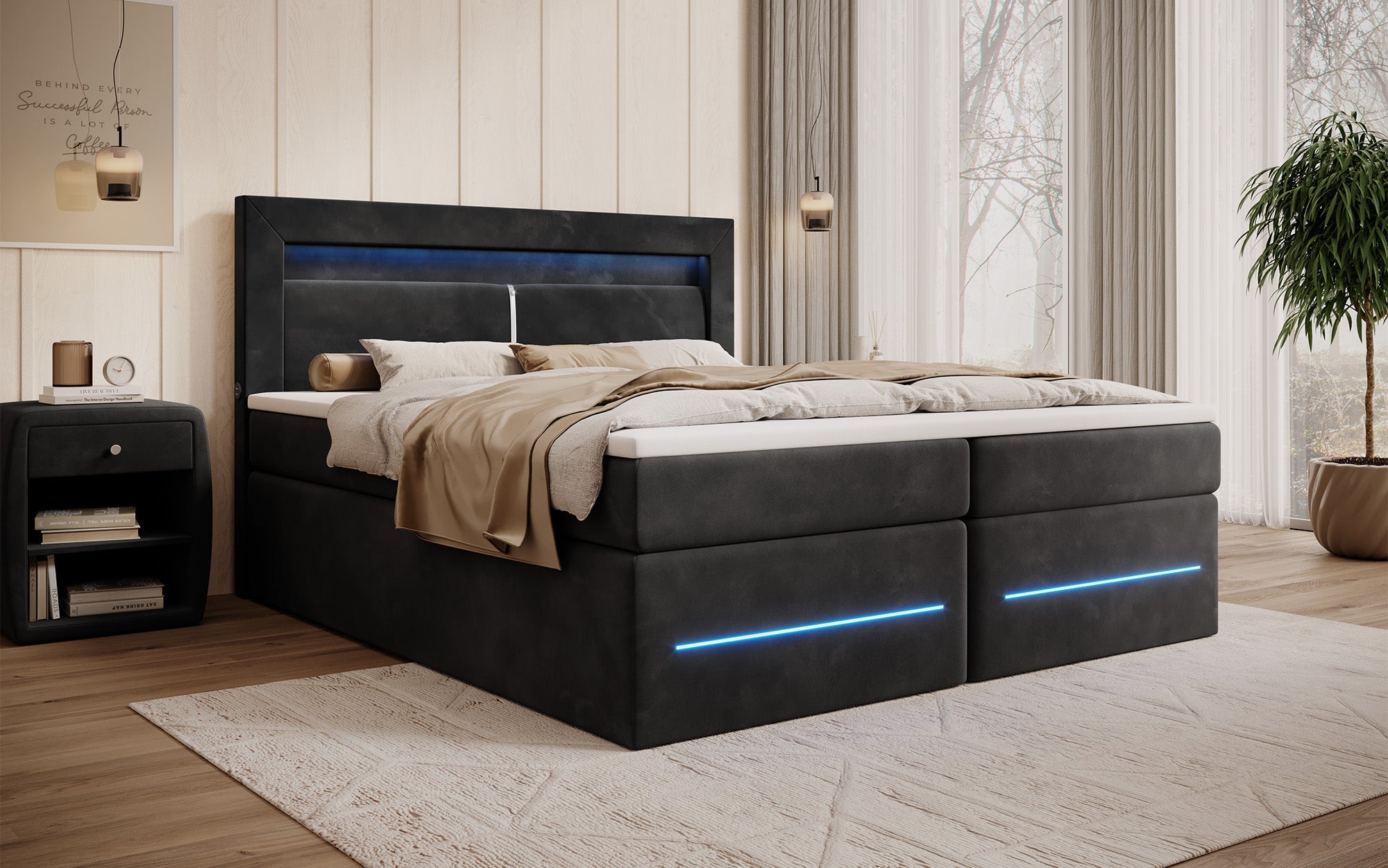 Minera Boxspringbett mit LED, USB, Stauraum – Luxuriöser Schlafkomfort