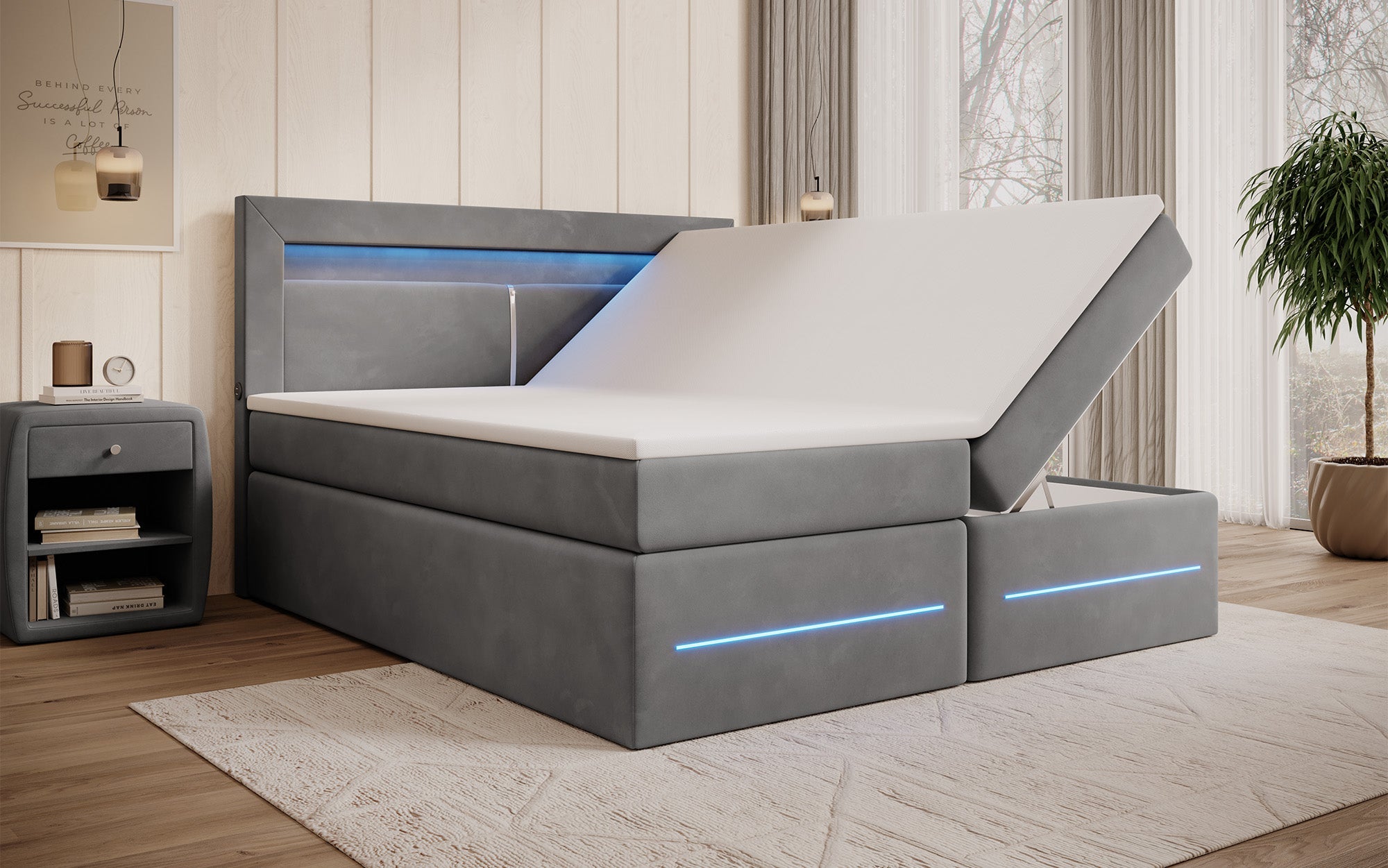 Minera Boxspringbett mit LED, USB, Stauraum – Luxuriöser Schlafkomfort