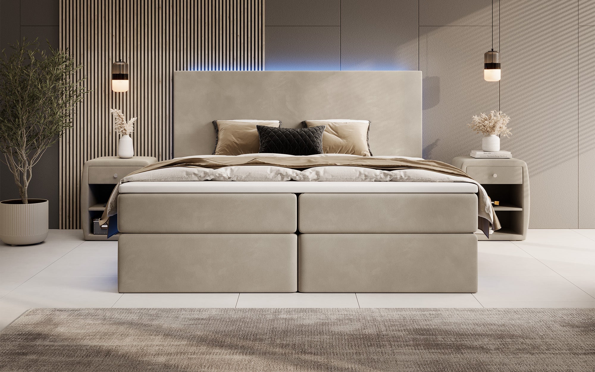 Luxuriöses Samt Boxspringbett Voyage mit LED-Beleuchtung und Stauraum