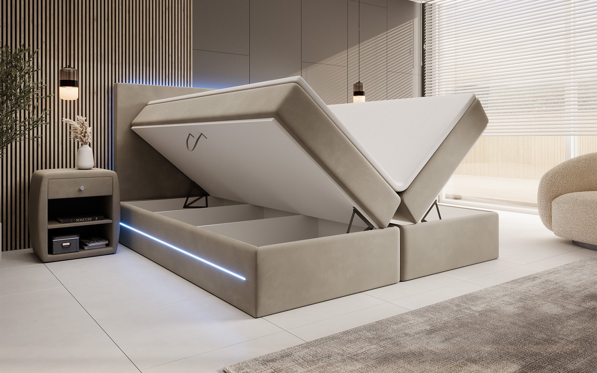 Luxuriöses Boxspringbett Voyage mit LED & Stauraum, Samtbezug