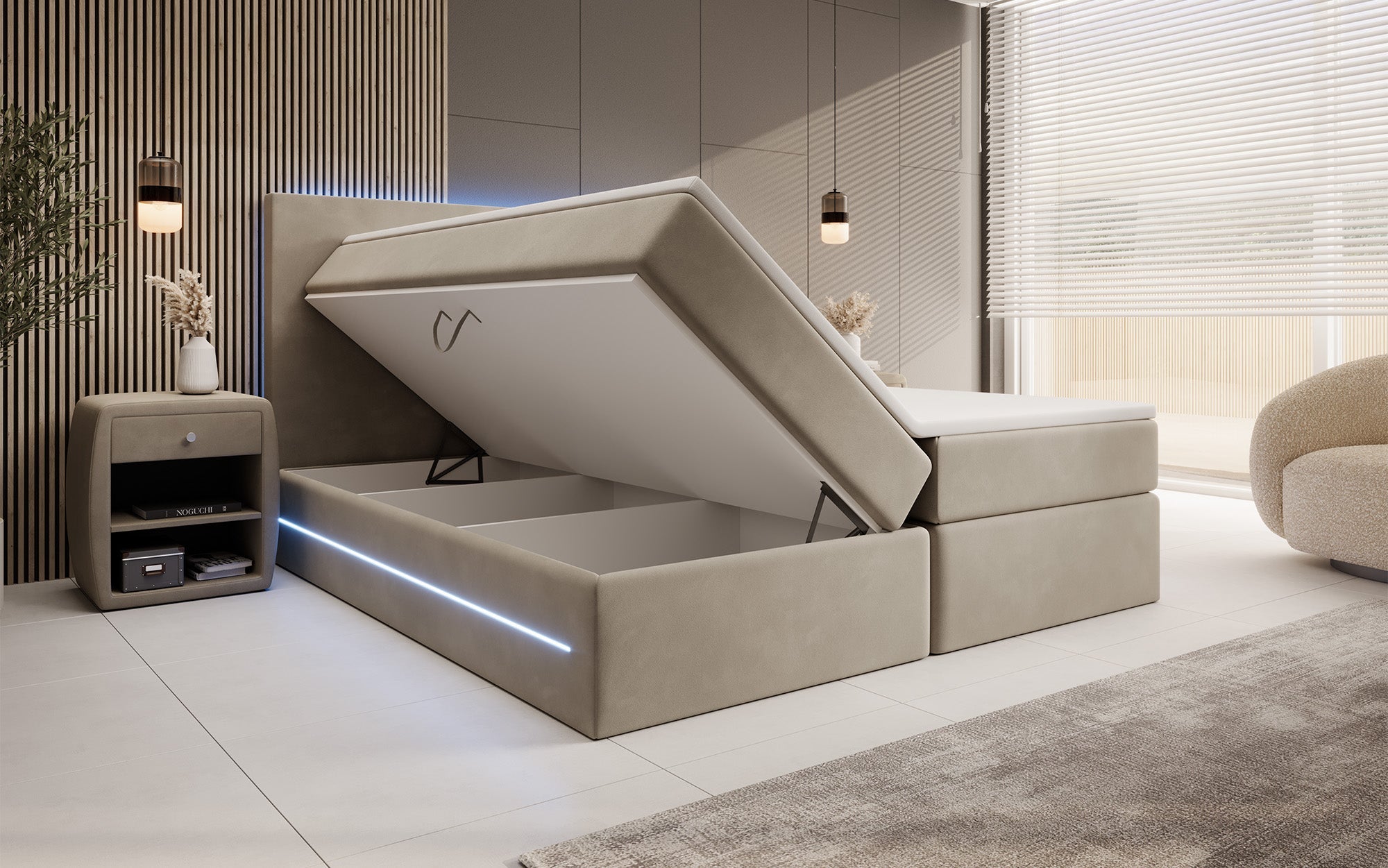 Luxuriöses Boxspringbett Voyage mit LED & Stauraum, Samtbezug