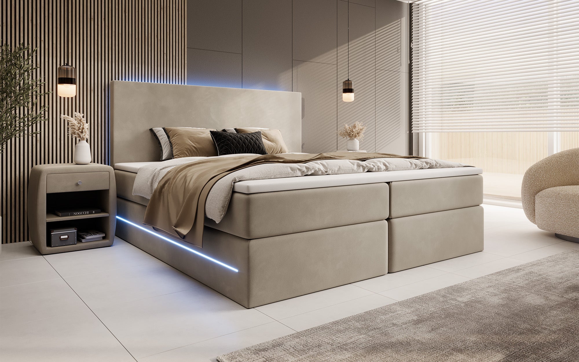 Luxuriöses Boxspringbett Voyage mit LED & Stauraum, Samtbezug