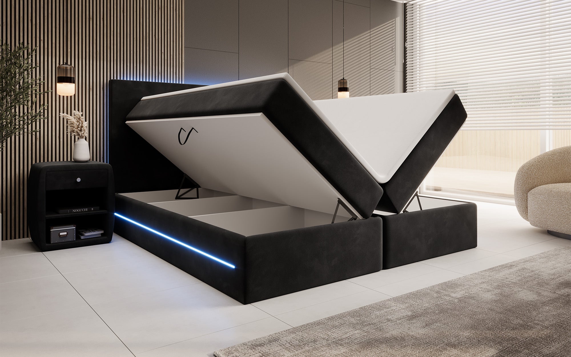 Luxuriöses Samt Boxspringbett Voyage mit LED-Beleuchtung und Stauraum