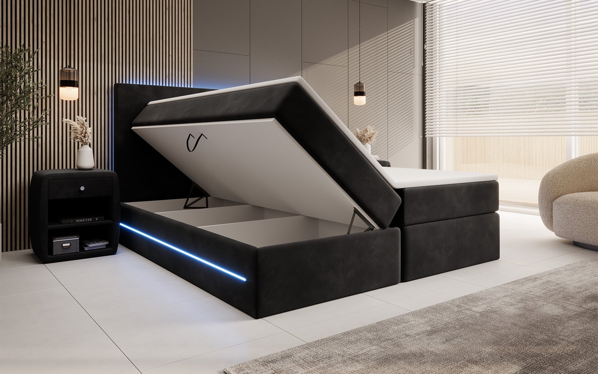 Luxuriöses Boxspringbett Voyage mit LED & Stauraum, Samtbezug