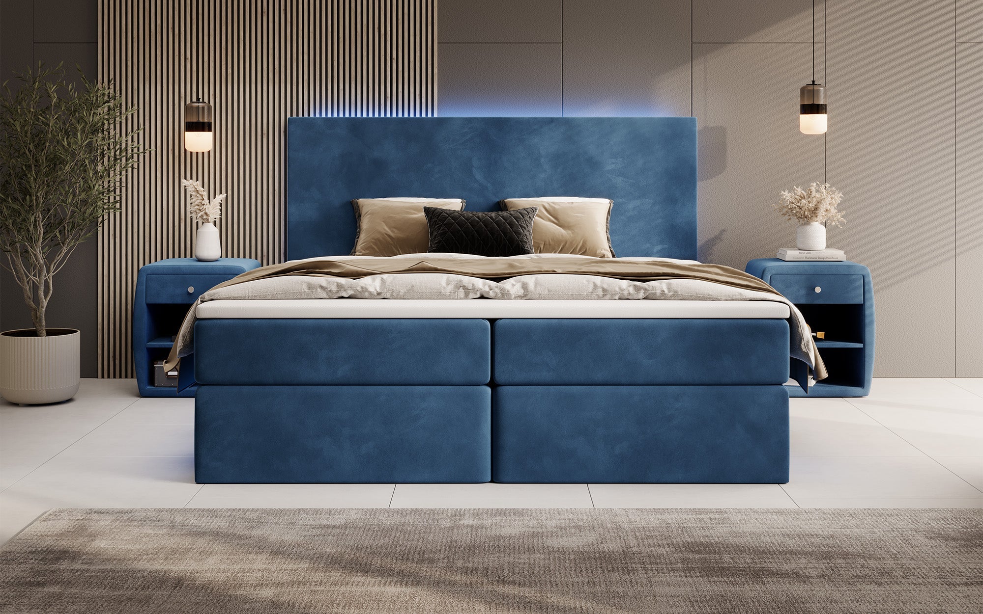Luxuriöses Boxspringbett Voyage mit LED & Stauraum, Samtbezug