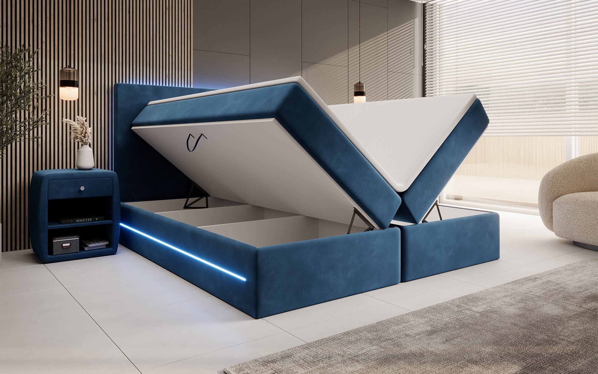 Luxuriöses Boxspringbett Voyage mit LED & Stauraum, Samtbezug