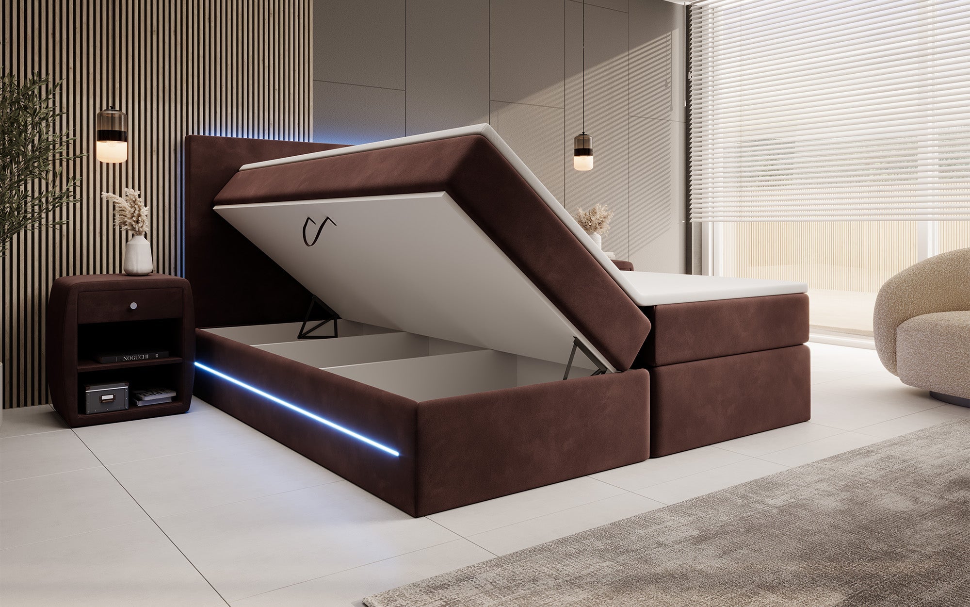Luxuriöses Samt Boxspringbett Voyage mit LED-Beleuchtung und Stauraum