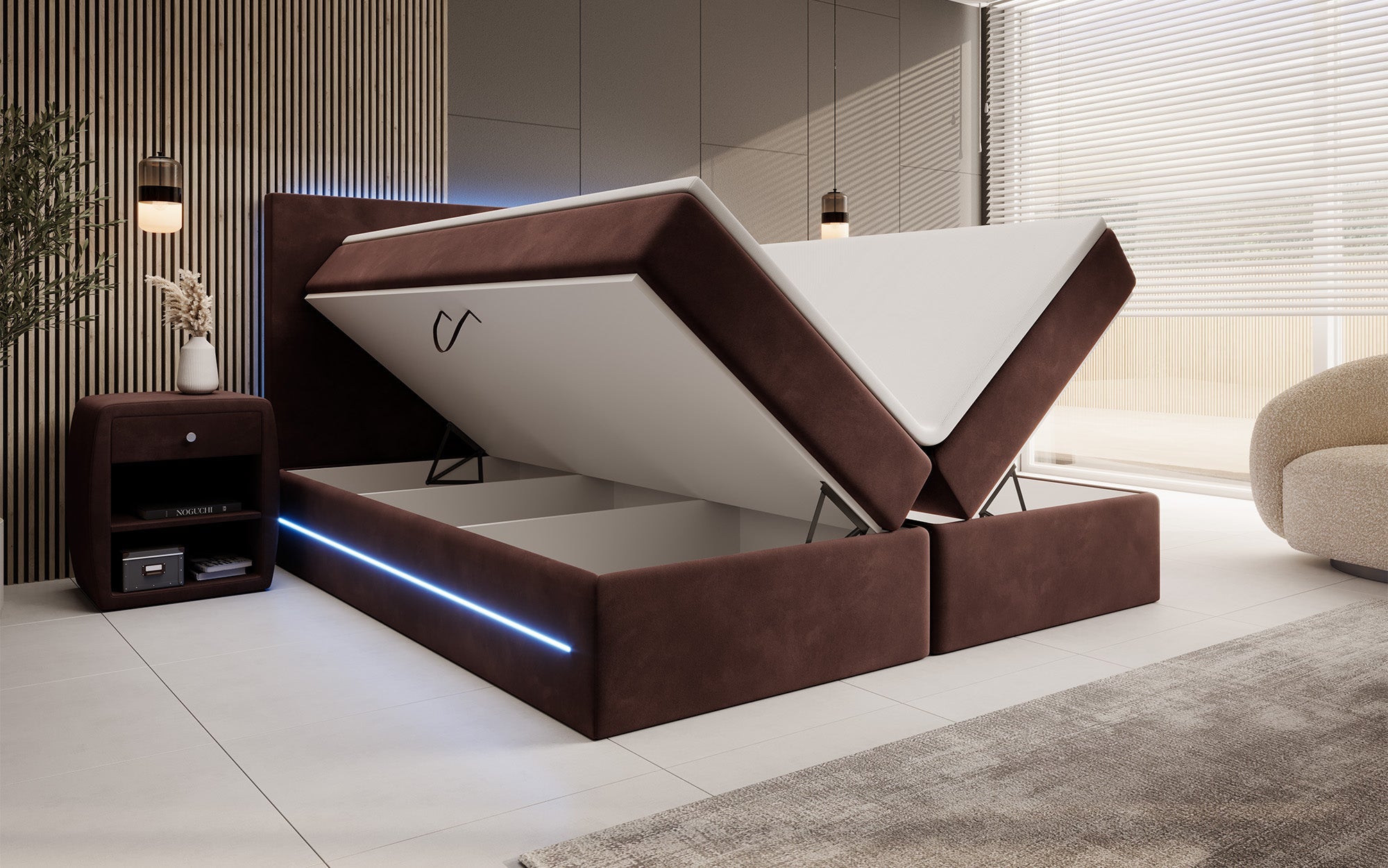 Luxuriöses Samt Boxspringbett Voyage mit LED-Beleuchtung und Stauraum