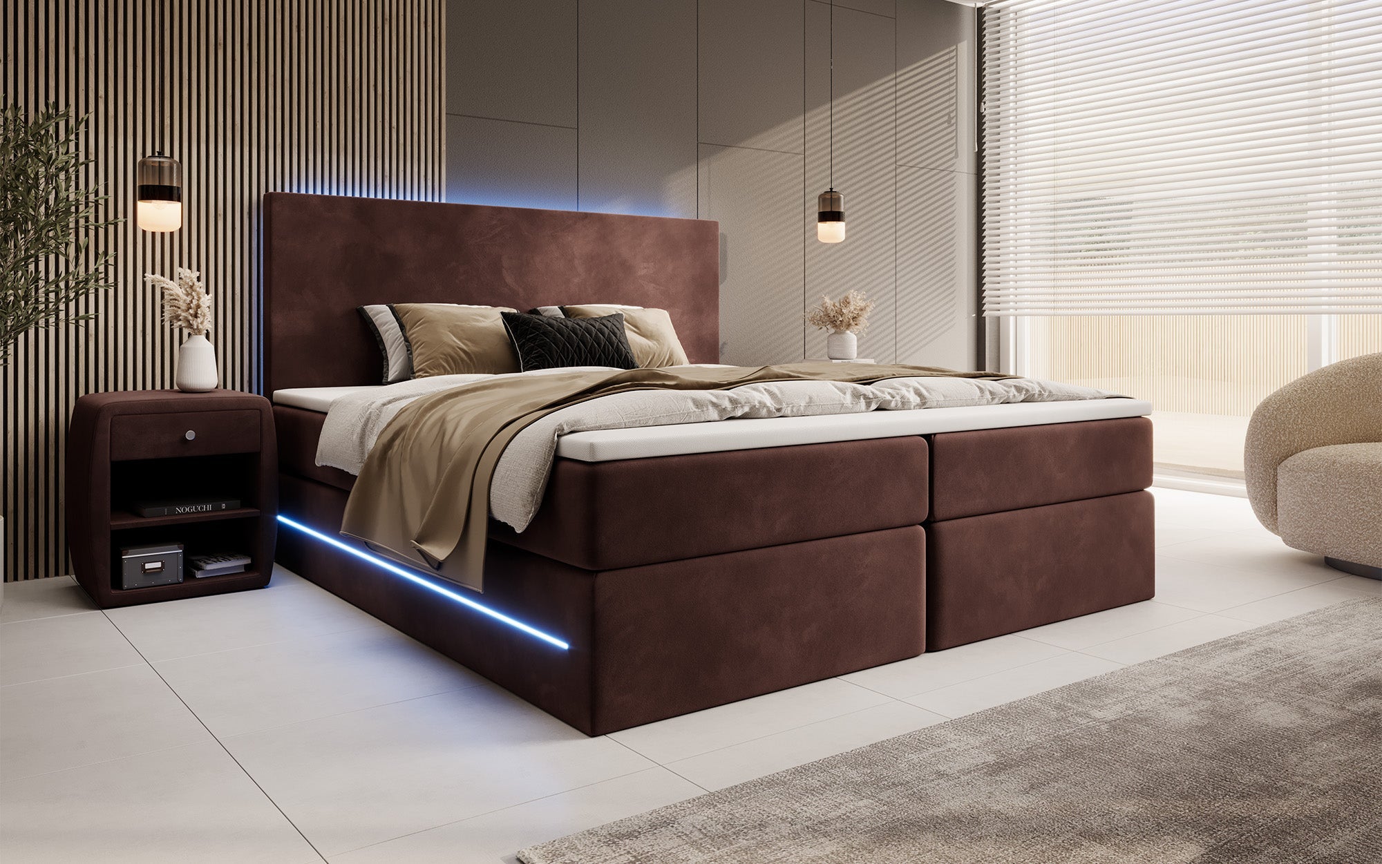 Luxuriöses Boxspringbett Voyage mit LED & Stauraum, Samtbezug