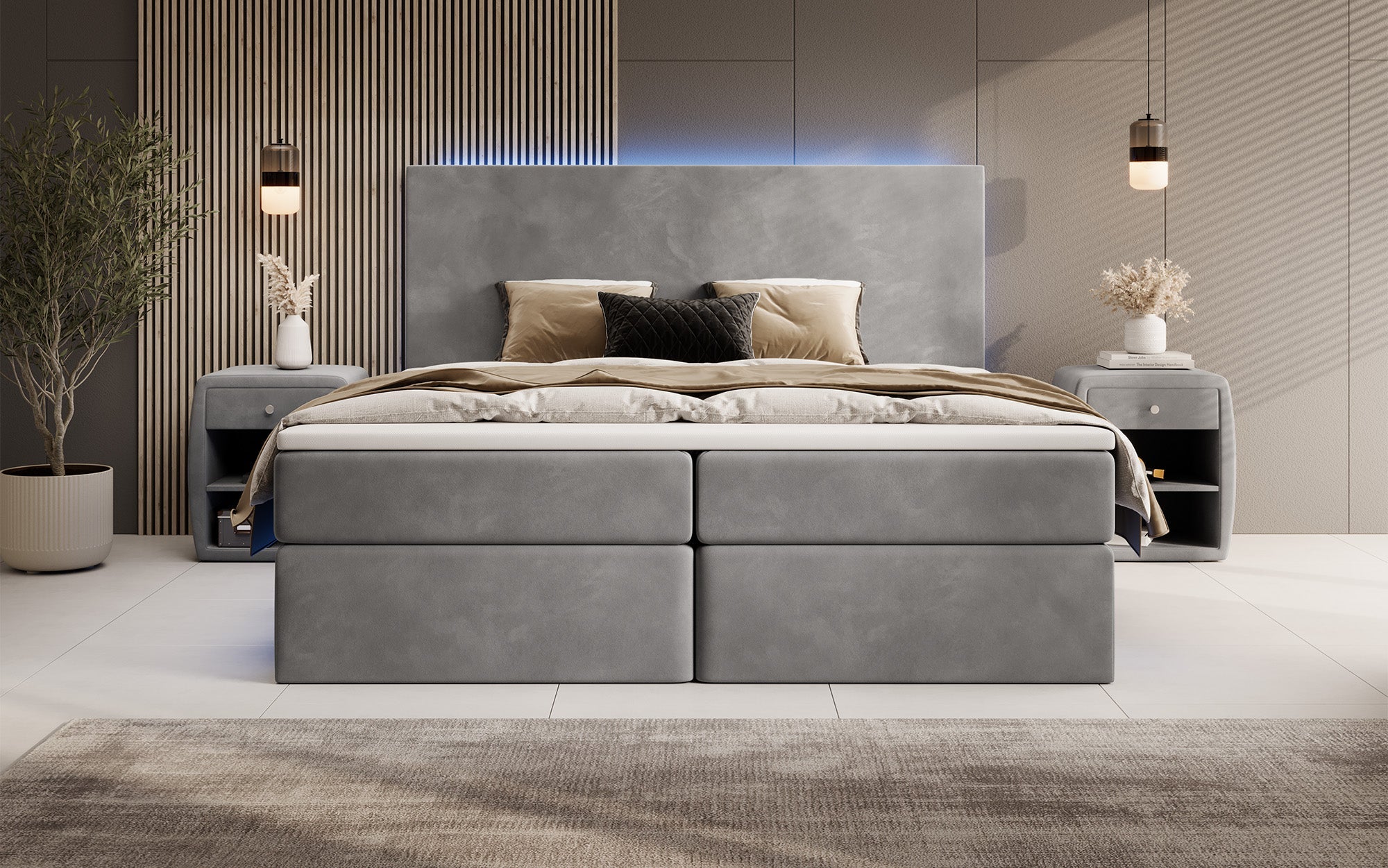 Luxuriöses Boxspringbett Voyage mit LED & Stauraum, Samtbezug