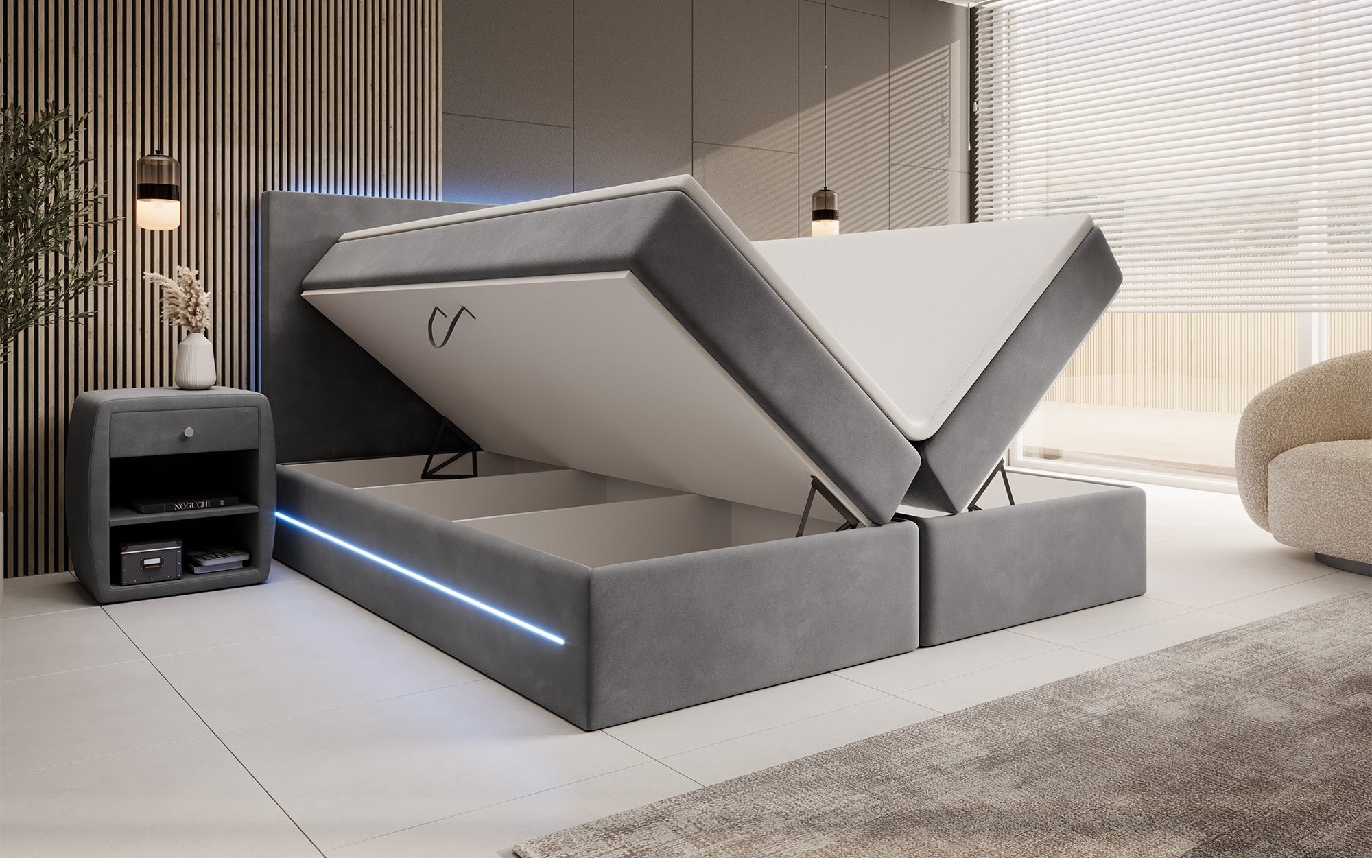 Luxuriöses Samt Boxspringbett Voyage mit LED-Beleuchtung und Stauraum