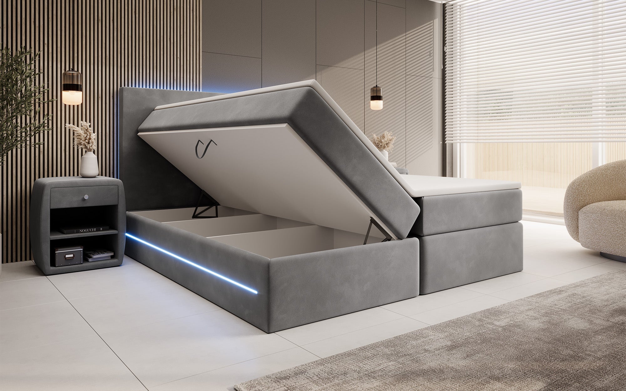 Luxuriöses Samt Boxspringbett Voyage mit LED-Beleuchtung und Stauraum