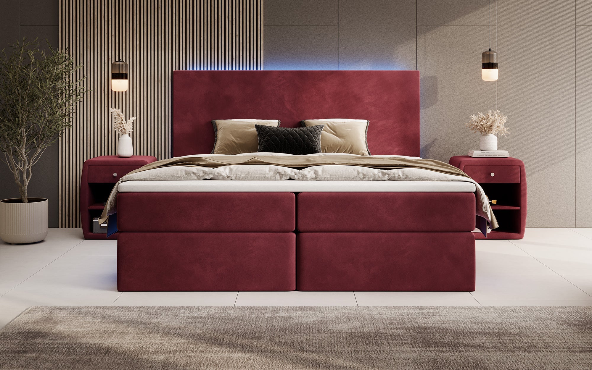 Luxuriöses Samt Boxspringbett Voyage mit LED-Beleuchtung und Stauraum