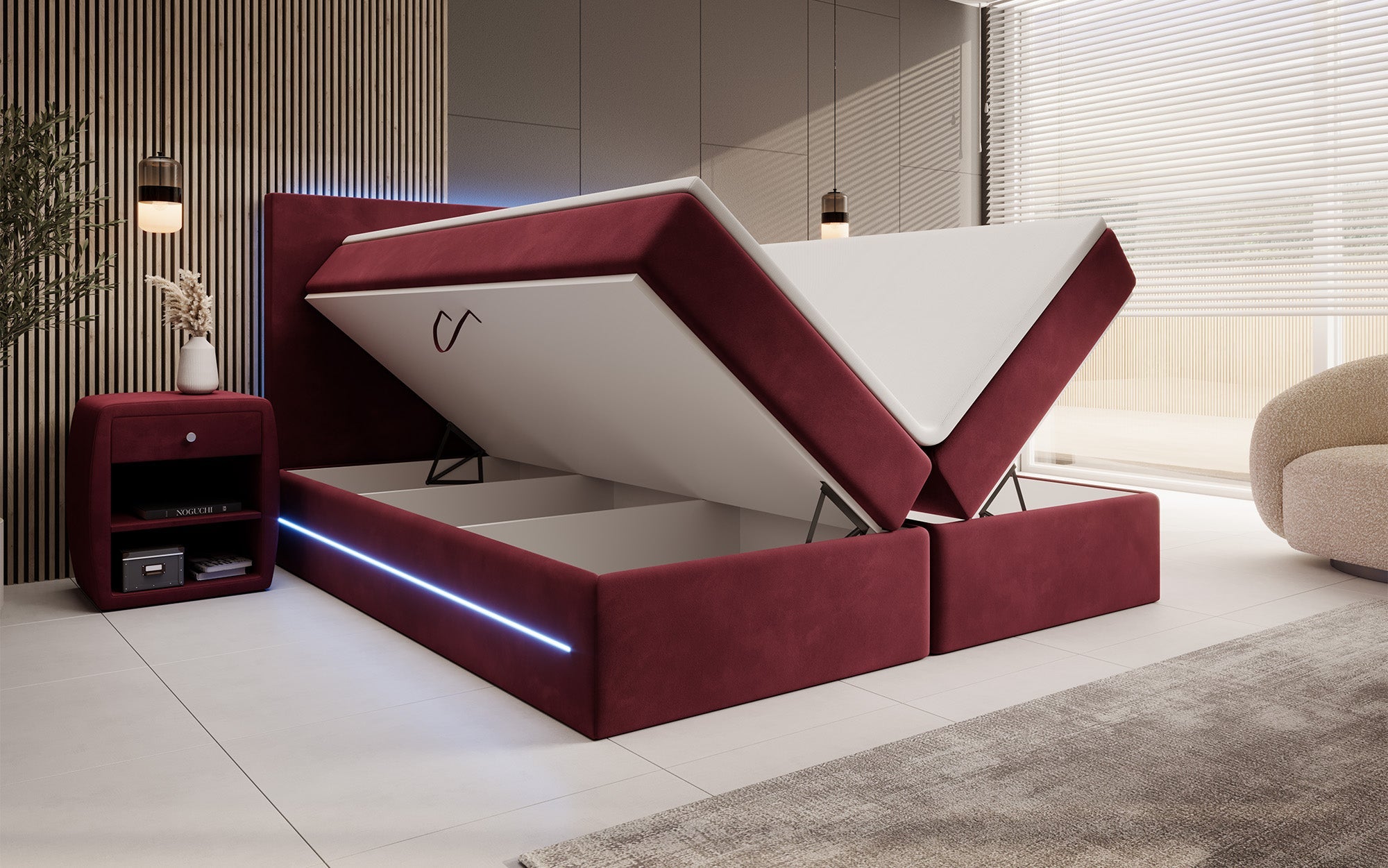 Luxuriöses Boxspringbett Voyage mit LED & Stauraum, Samtbezug