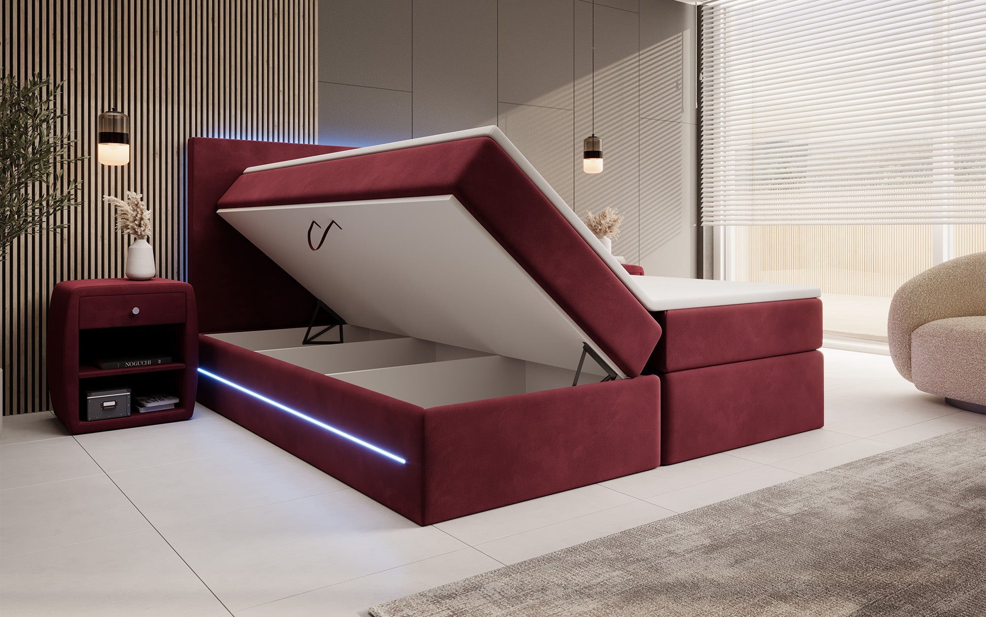 Luxuriöses Samt Boxspringbett Voyage mit LED-Beleuchtung und Stauraum