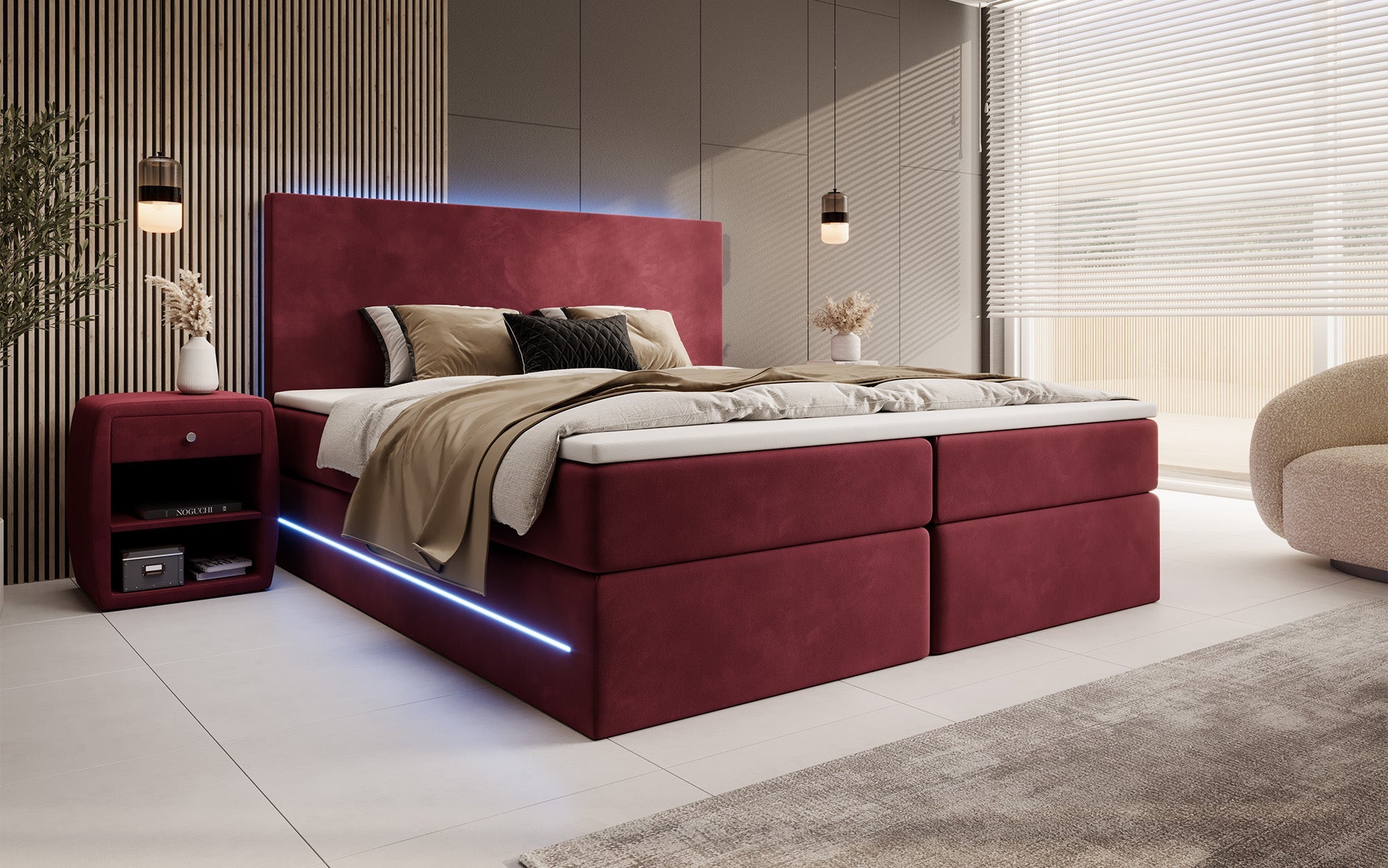 Luxuriöses Boxspringbett Voyage mit LED & Stauraum, Samtbezug