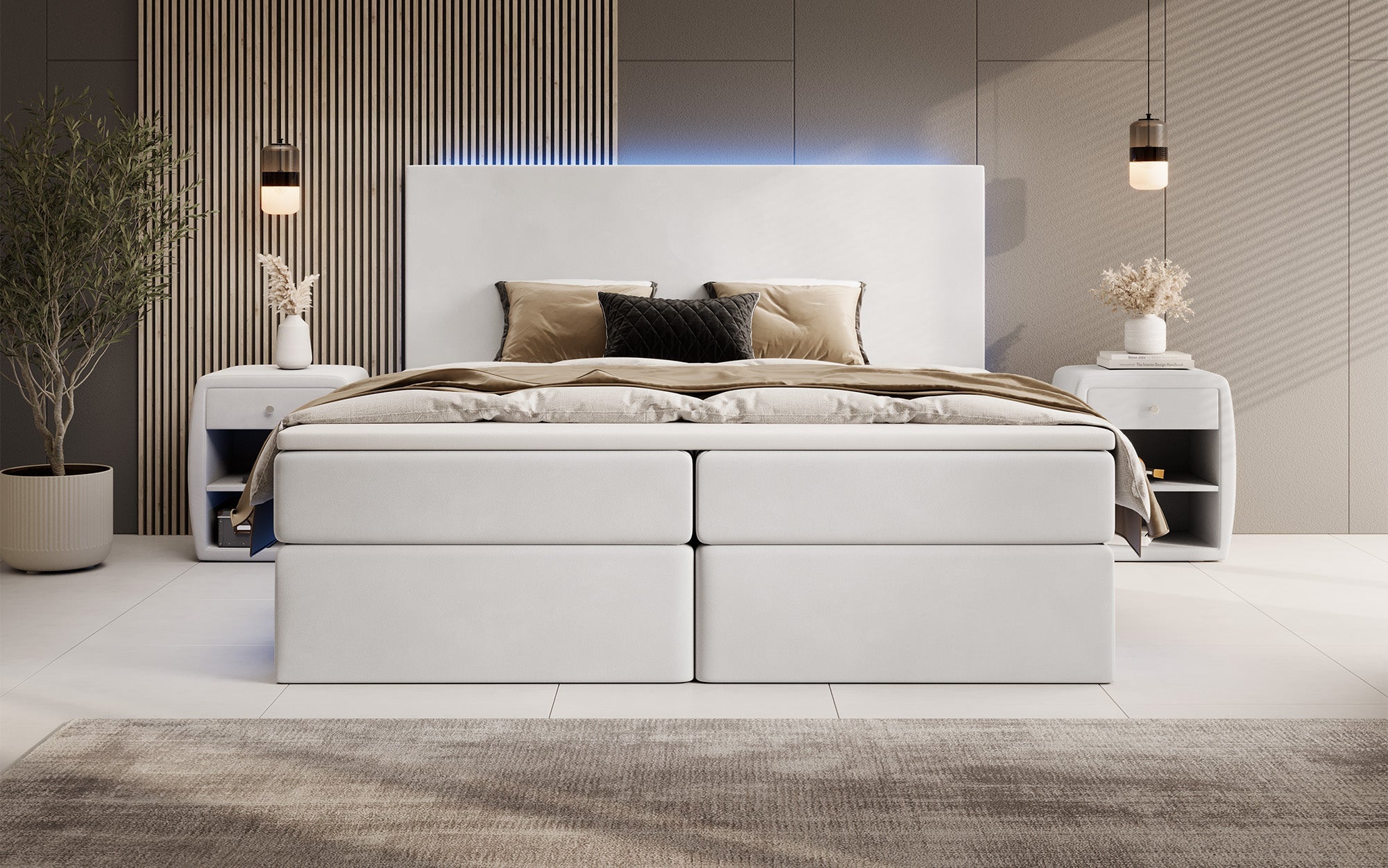Luxuriöses Boxspringbett Voyage mit LED & Stauraum, Samtbezug