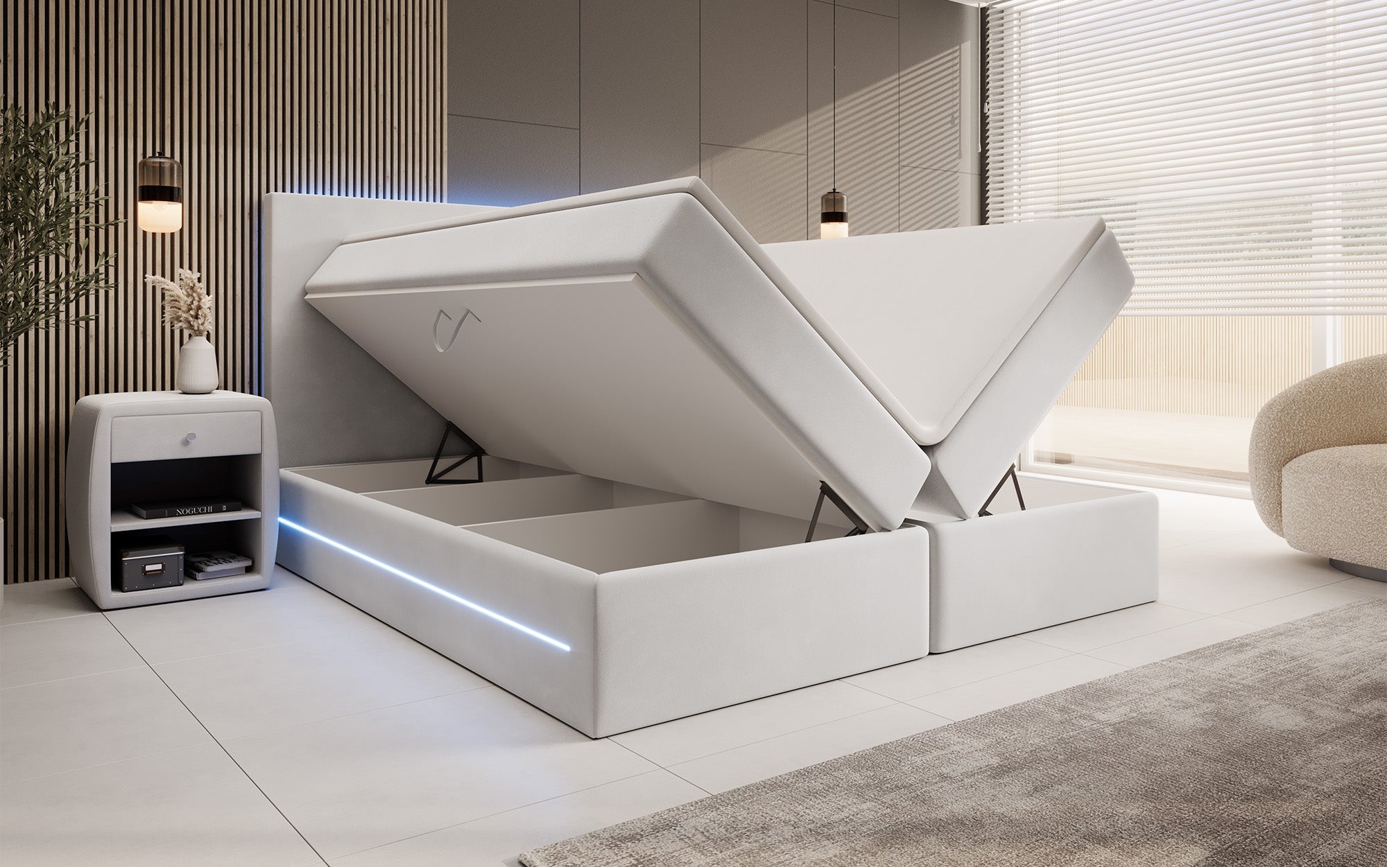 Luxuriöses Boxspringbett Voyage mit LED & Stauraum, Samtbezug