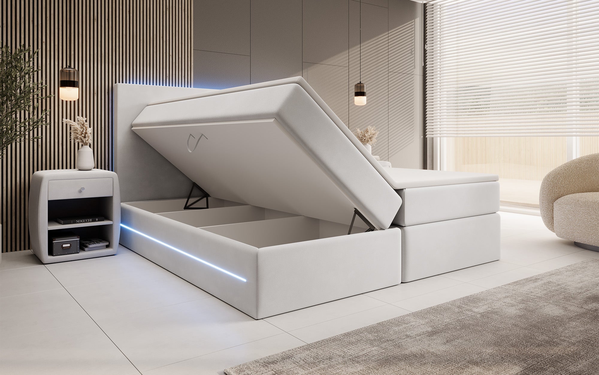 Luxuriöses Samt Boxspringbett Voyage mit LED-Beleuchtung und Stauraum