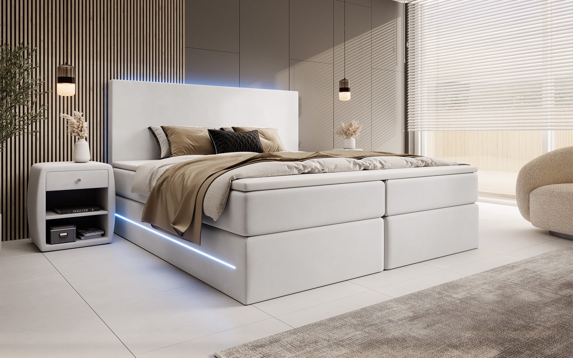 Luxuriöses Samt Boxspringbett Voyage mit LED-Beleuchtung und Stauraum