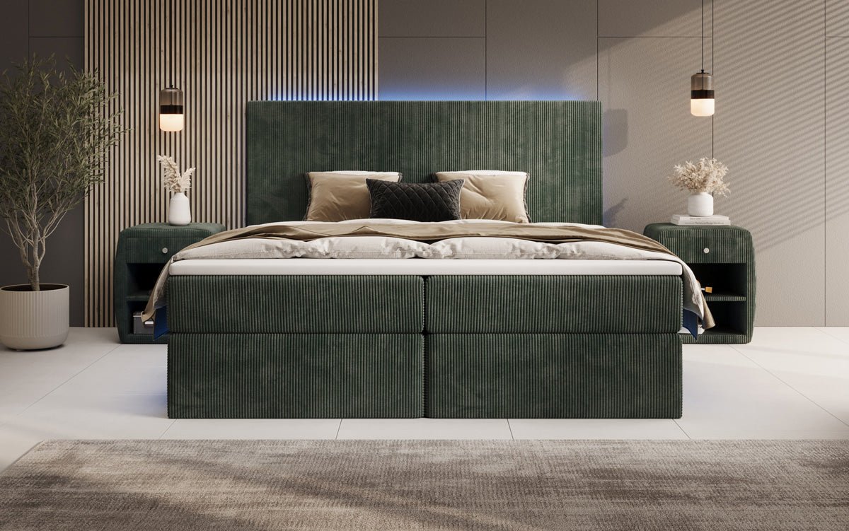Luxuriöses Boxspringbett Voyage mit LED-Beleuchtung, Stauraum und Cord-Stoffbezug