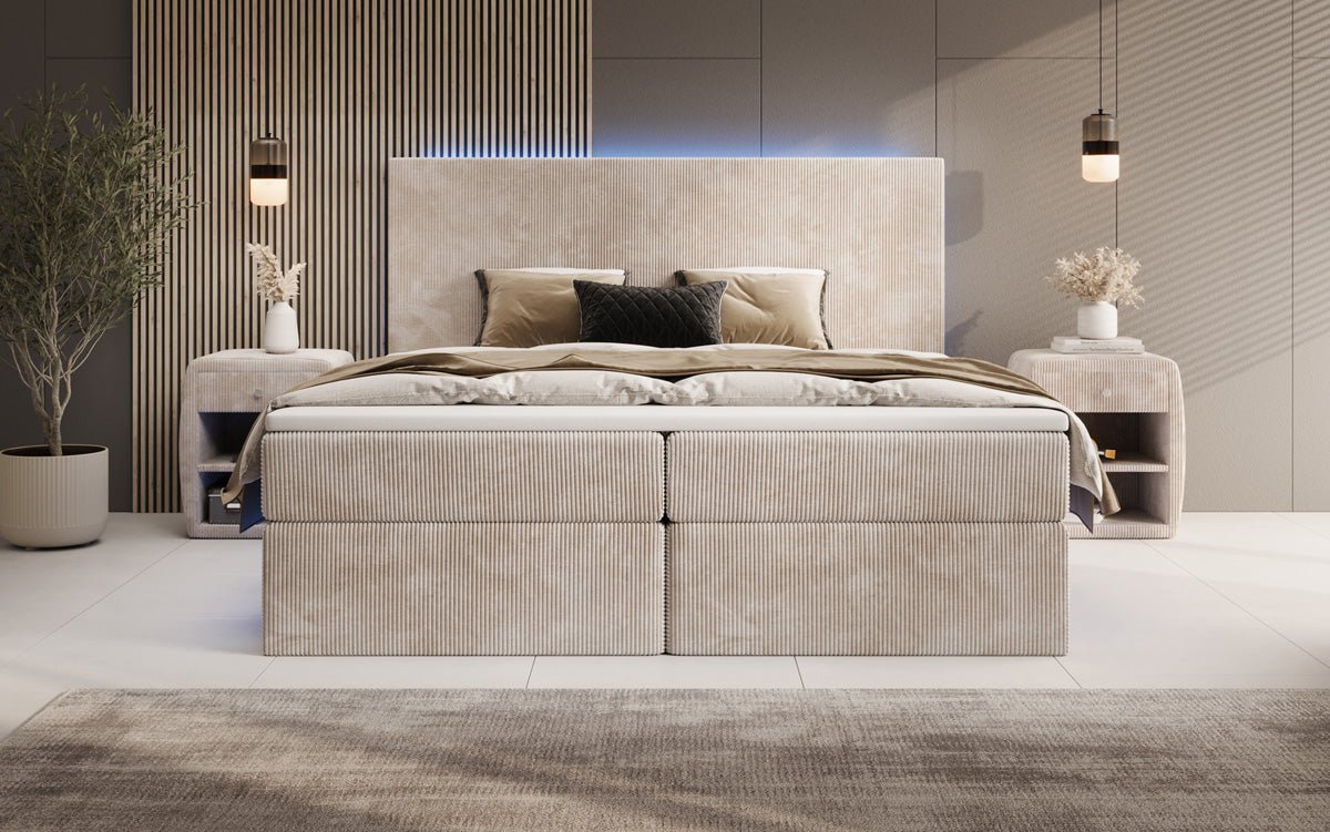 Luxuriöses Boxspringbett Voyage mit LED-Beleuchtung, Stauraum und Cord-Stoffbezug