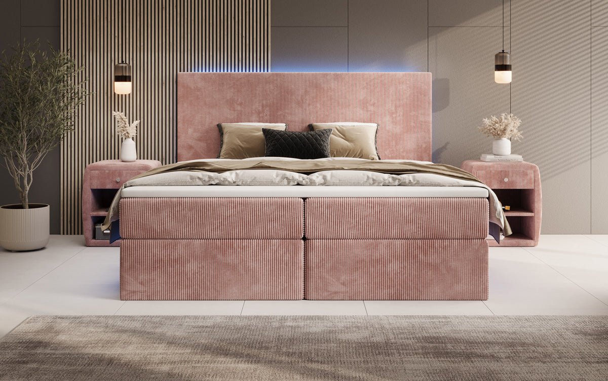 Luxuriöses Boxspringbett Voyage mit LED-Beleuchtung, Stauraum und Cord-Stoffbezug