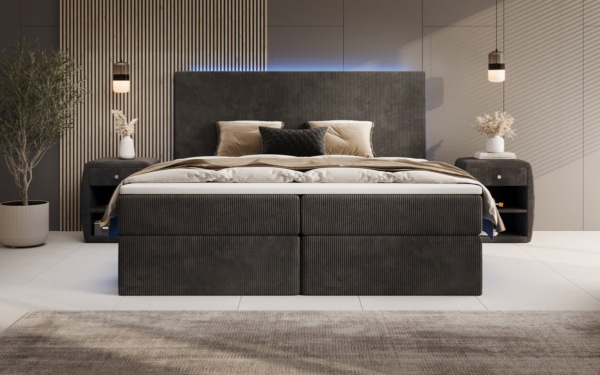 Luxuriöses Boxspringbett Voyage mit LED-Beleuchtung, Stauraum und Cord-Stoffbezug