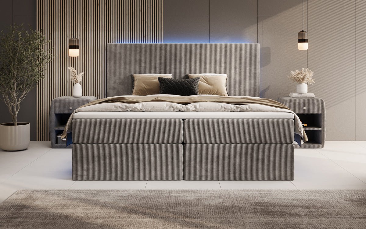 Luxuriöses Boxspringbett Voyage mit LED-Beleuchtung, Stauraum und Cord-Stoffbezug