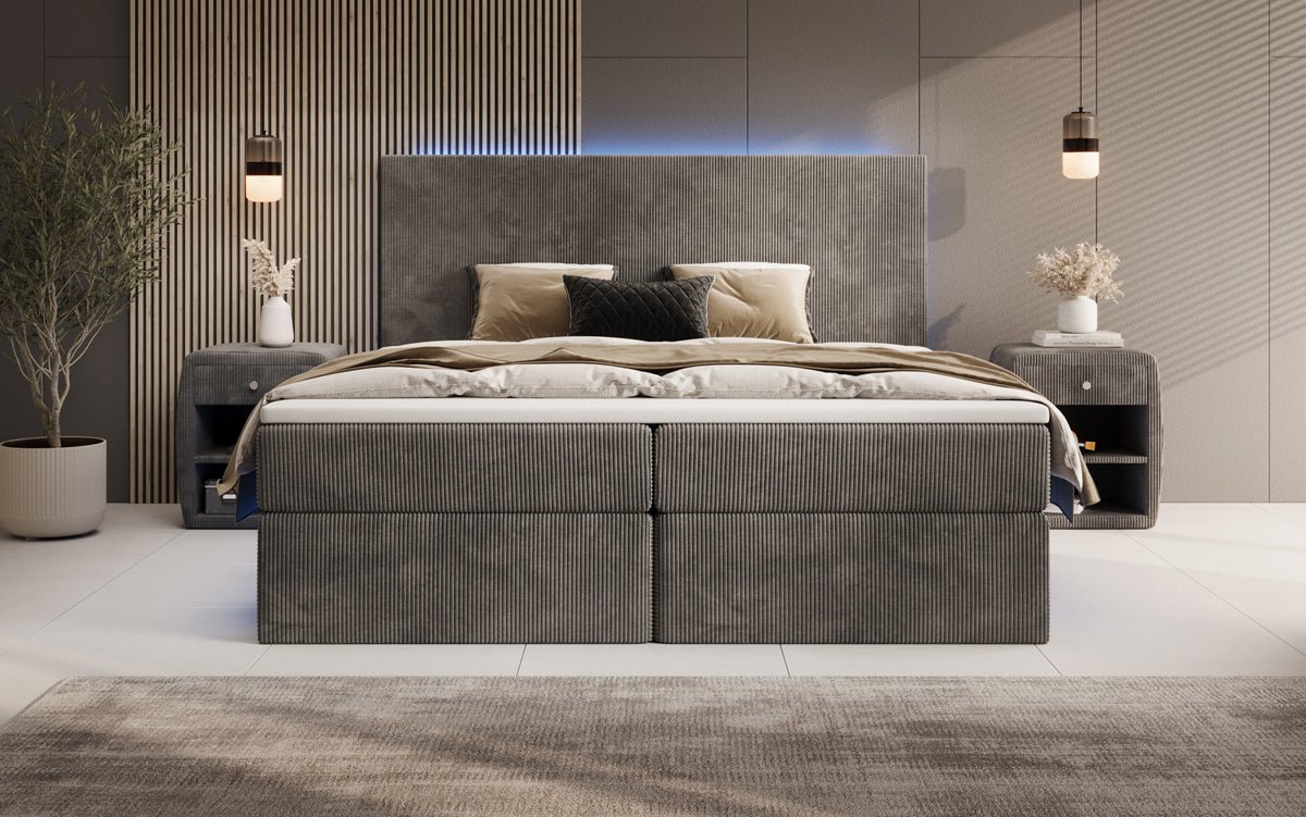 Luxuriöses Boxspringbett Voyage mit LED-Beleuchtung, Stauraum und Cord-Stoffbezug