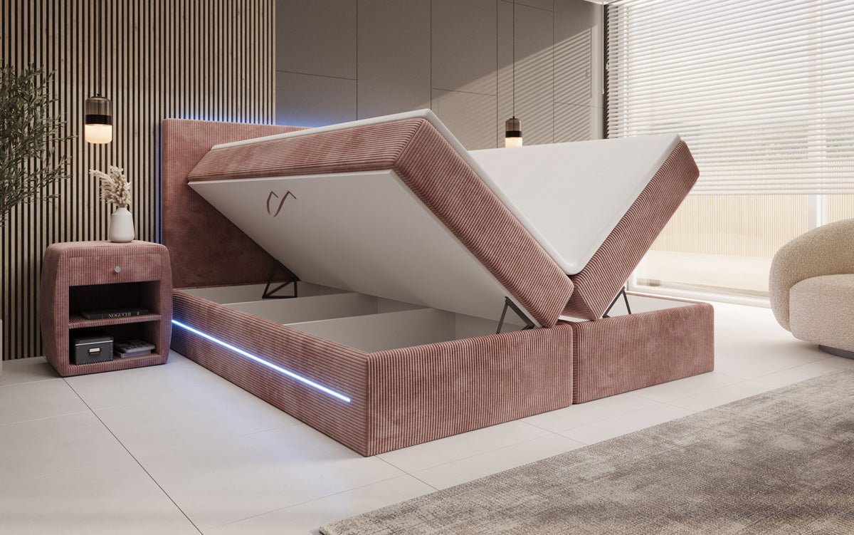 Luxuriöses Boxspringbett Voyage mit LED-Beleuchtung, Stauraum und Cord-Stoffbezug