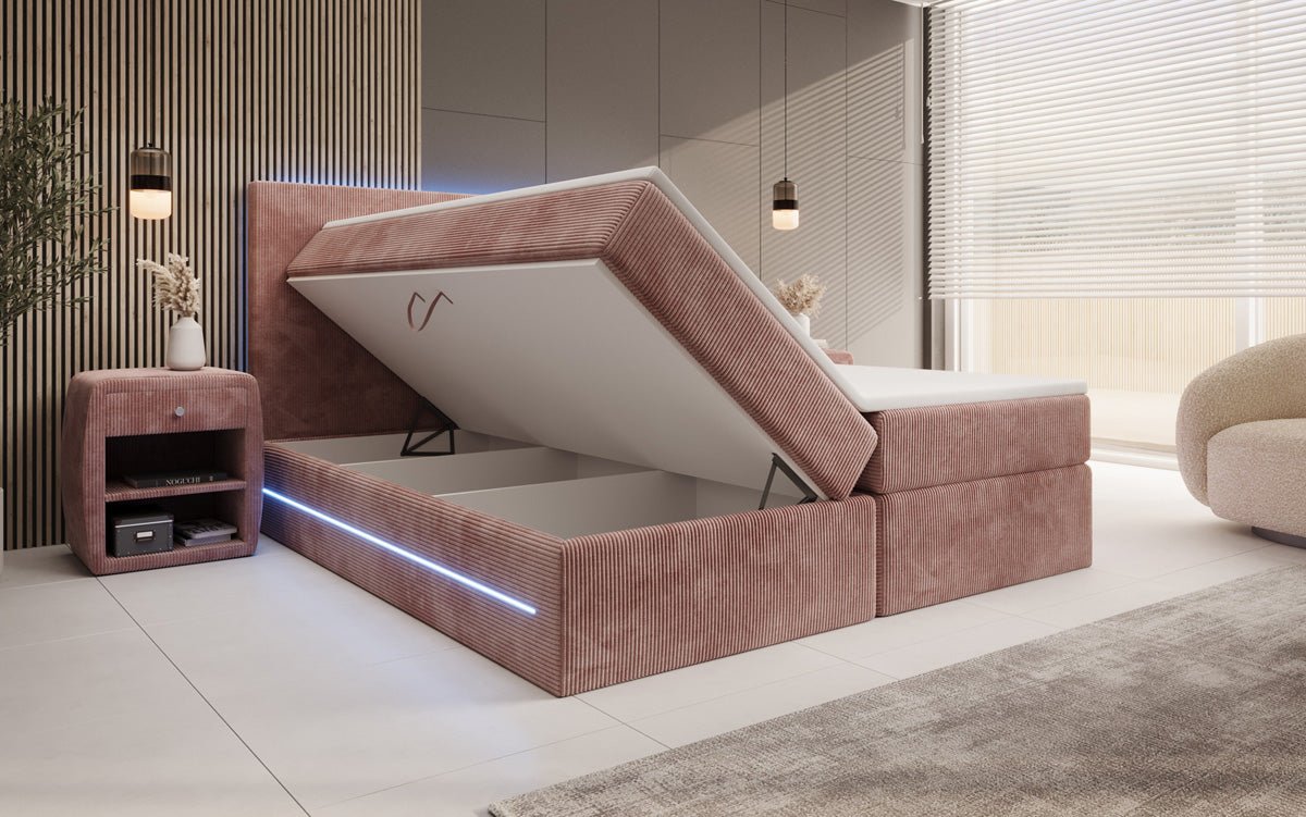 Luxuriöses Boxspringbett Voyage mit LED-Beleuchtung, Stauraum und Cord-Stoffbezug
