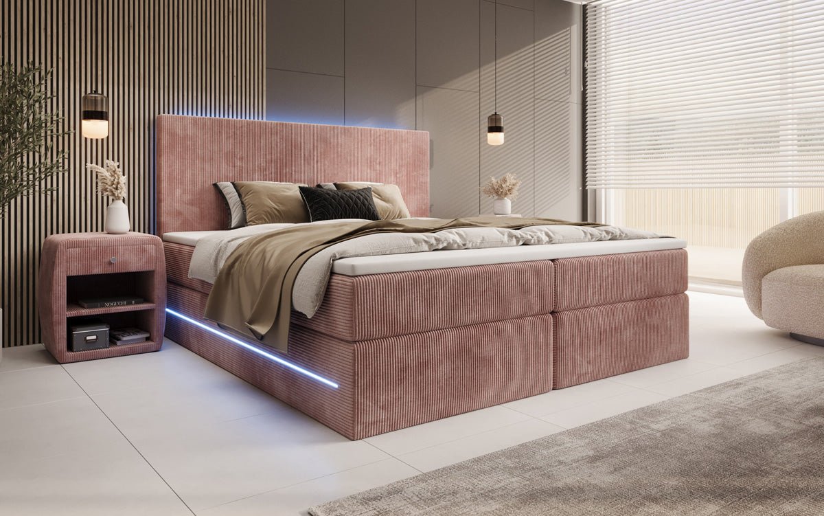Luxuriöses Boxspringbett Voyage mit LED-Beleuchtung, Stauraum und Cord-Stoffbezug