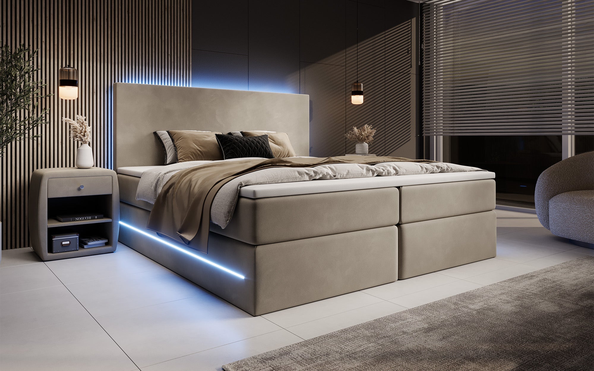 Luxuriöses Boxspringbett Voyage mit LED & Stauraum, Samtbezug