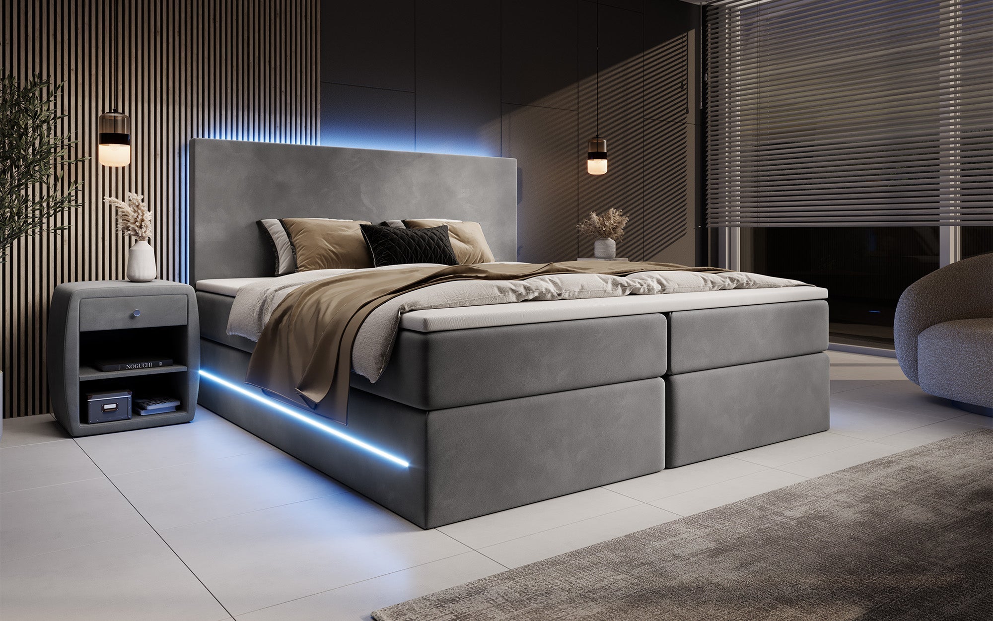 Luxuriöses Boxspringbett Voyage mit LED & Stauraum, Samtbezug