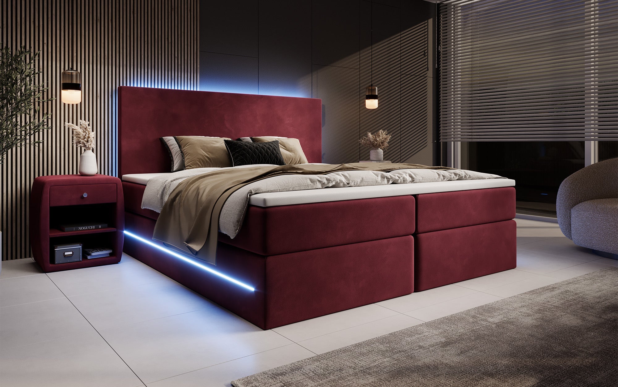 Luxuriöses Boxspringbett Voyage mit LED & Stauraum, Samtbezug