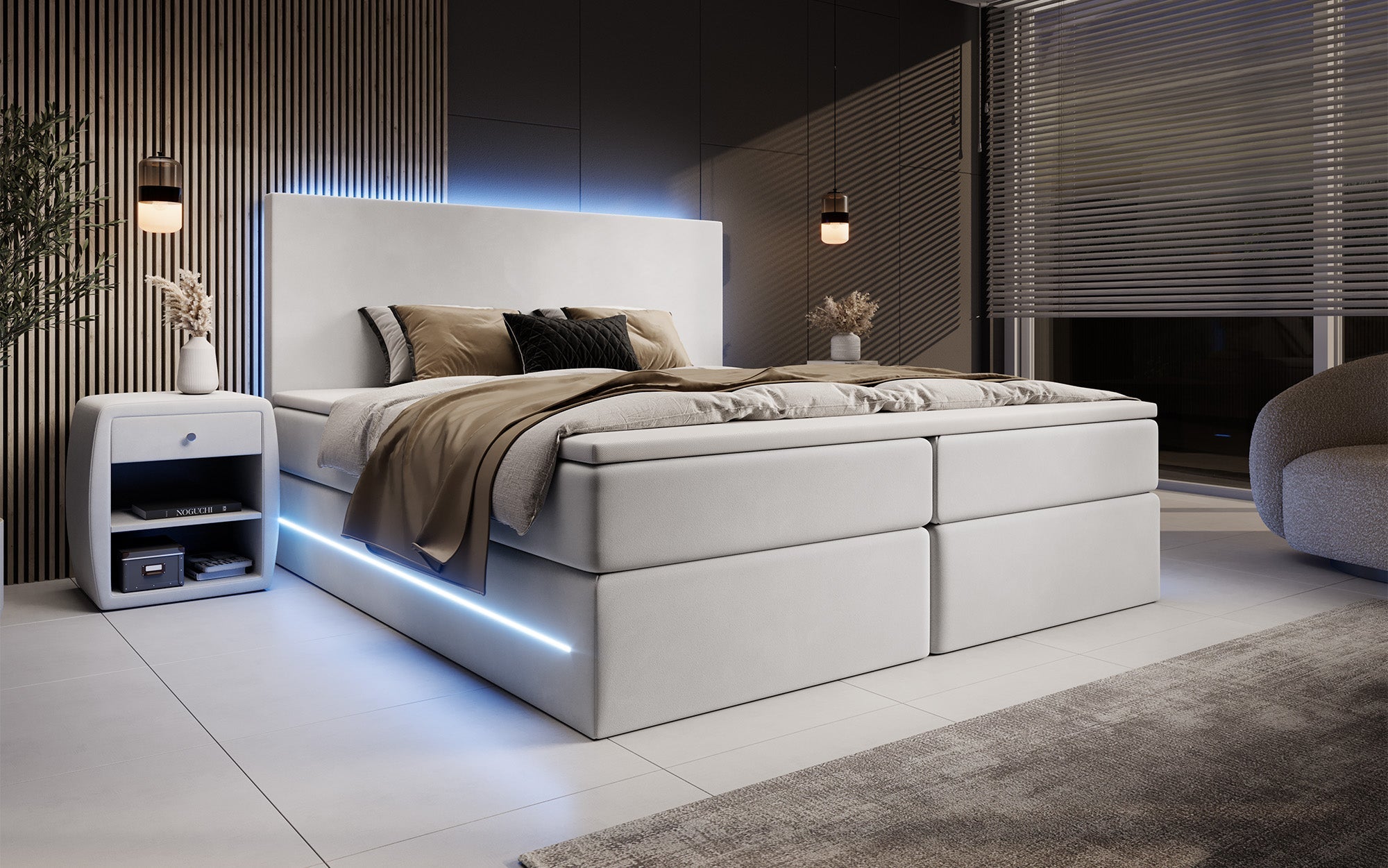 Luxuriöses Boxspringbett Voyage mit LED & Stauraum, Samtbezug